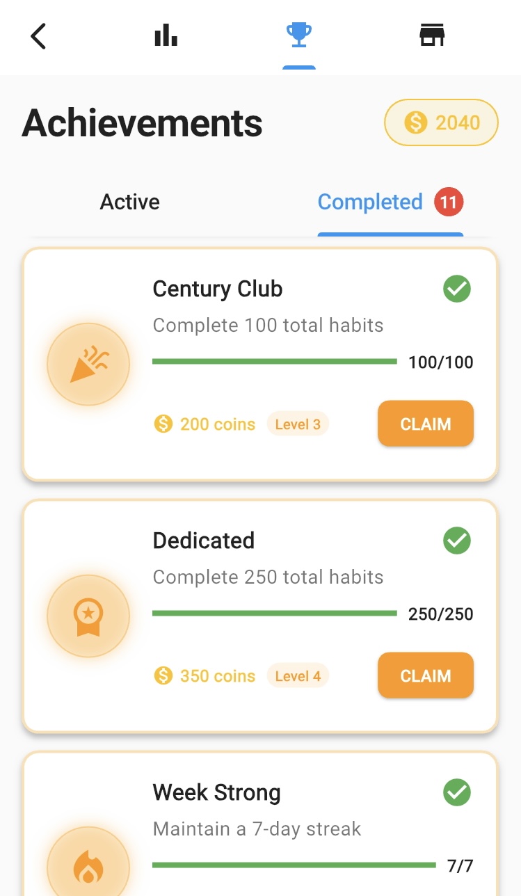 Achievement system with coins and rewards